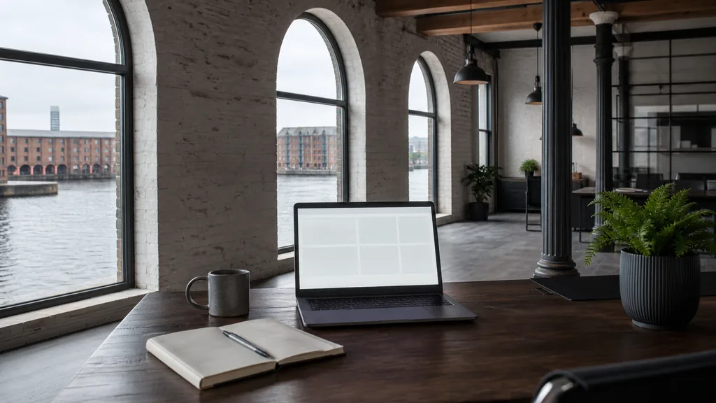 Editorial photograph of an empty modern B2B agency workspace in a red-brick Liverpool dock conversion with a laptop showing a blank dashboard, a notebook and a stoneware mug on a dark oak desk, whitewashed brick walls and cast-iron pillars, tall arched windows onto a grey river and warehouse rooftops, and a potted fern, lit by soft cool maritime morning light