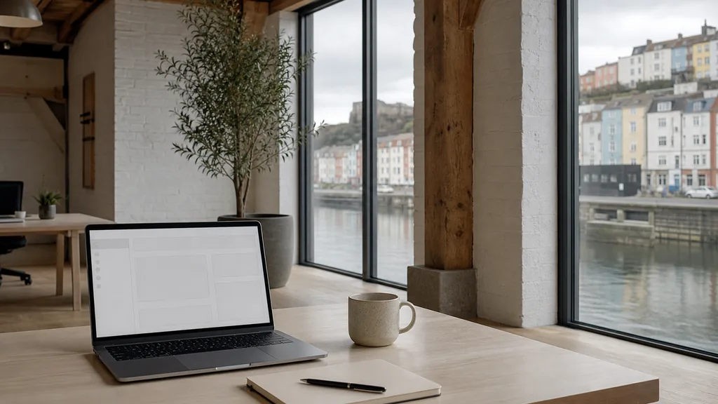 Editorial photograph of an empty modern B2B agency workspace in a Bristol harbourside studio with a laptop showing a blank dashboard, a notebook and a ceramic mug on a pale birch desk, white painted brick and warm timber beams, tall windows onto floating harbour water and pastel terraced houses on a hill, and a potted olive tree, lit by soft overcast west-country morning light