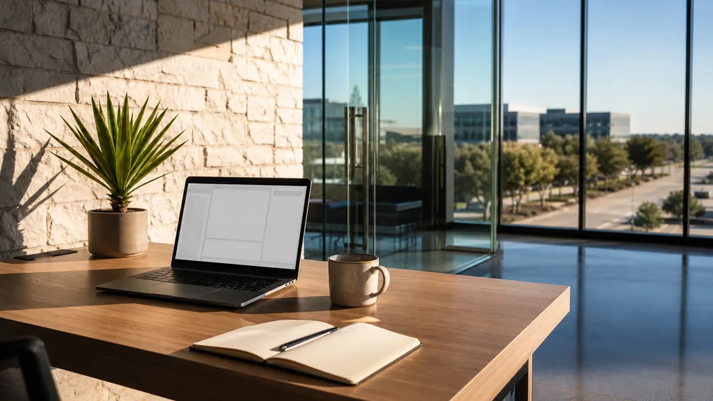 Editorial photograph of an empty modern B2B agency workspace in a North Texas corporate campus office with a laptop showing a blank dashboard, a notebook and a ceramic mug on a light walnut desk, pale stone walls and glass partitions, floor-to-ceiling windows onto low-rise office parks, live oaks and wide boulevards, and a potted yucca, lit by bright warm Texas morning light