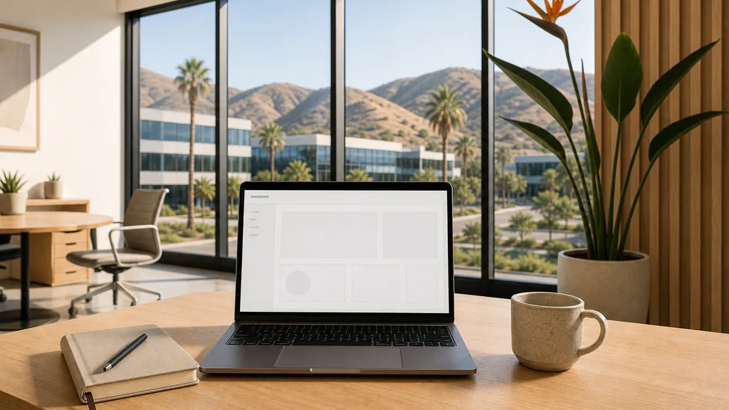 Editorial photograph of an empty modern B2B agency workspace in a Southern California business park studio with a laptop showing a blank dashboard, a notebook and a stoneware mug on a pale oak desk, white walls and blond wood slats, tall windows onto palm trees, low glass office buildings and dry hills, and a potted bird of paradise, lit by bright clear coastal morning light