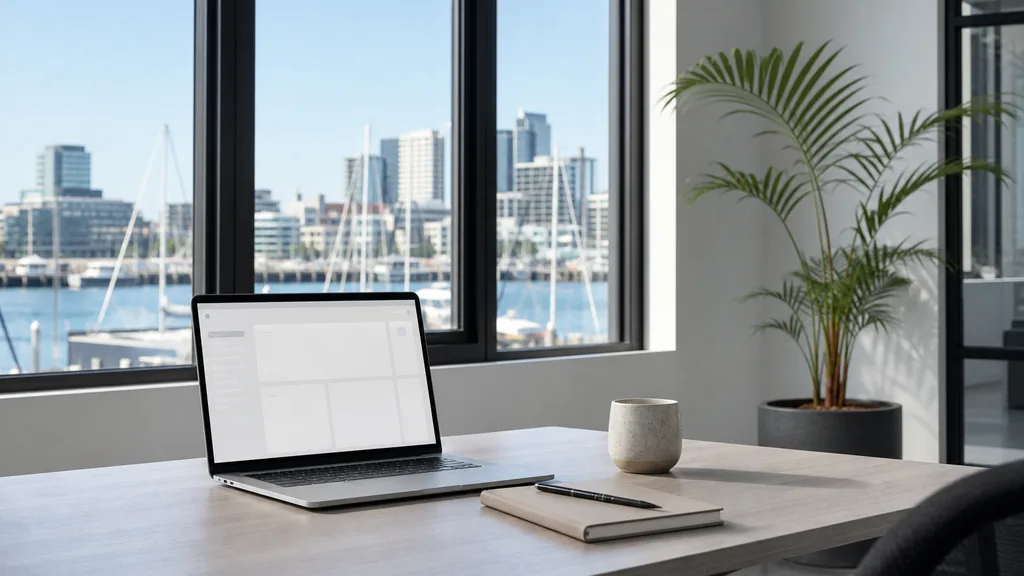 Editorial photograph of an empty Auckland harbourside agency office with a laptop showing a blank dashboard, a notebook and a ceramic mug on a pale ash desk, white walls and black steel window frames, tall windows onto the Waitemata Harbour with sailing masts and low city towers, and a potted nikau palm, lit by bright clear southern morning light