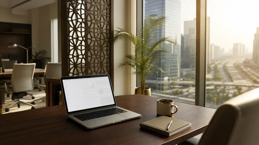 Editorial photograph of an empty Delhi NCR corporate tower office with a laptop showing a blank dashboard, a notebook and a brass-rimmed cup on a dark teak desk, cream walls and jaali screen partitions, tall windows onto glass office towers and wide arterial roads in warm haze, and a potted areca palm, lit by bright warm morning light