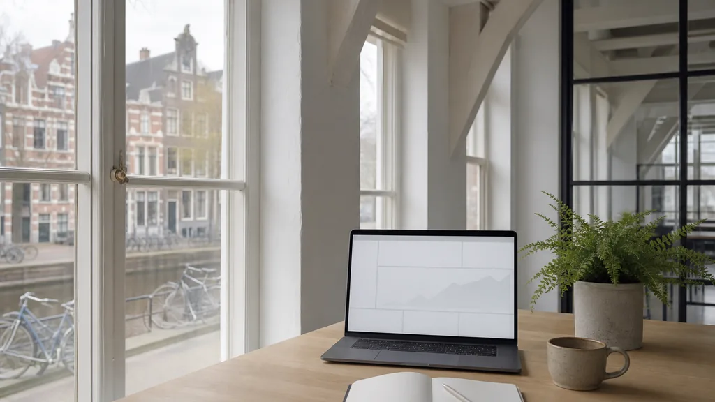 Editorial photograph of an empty Amsterdam canal-house agency office with a laptop showing a blank dashboard, a notebook and a stoneware mug on a light oak desk, white plaster walls and exposed beams, tall sash windows onto a canal with brick gables and bicycles, and a potted fern, lit by soft cool northern morning light