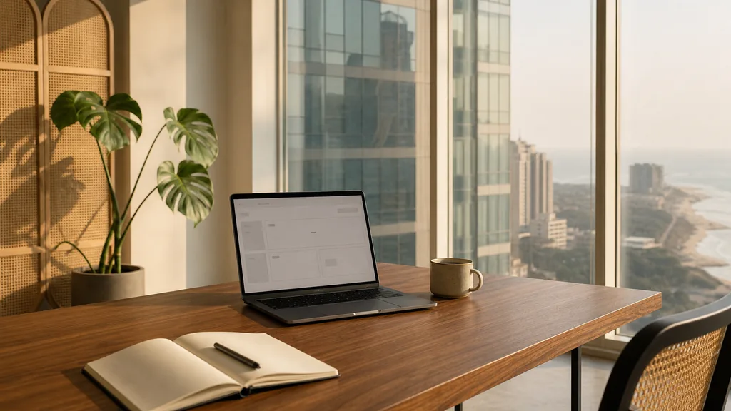 Editorial photograph of an empty Mumbai high-rise agency office in Andheri with a laptop showing a blank dashboard, a notebook and a ceramic cup on a walnut desk, off-white walls and rattan screens, floor-to-ceiling windows onto glass towers and the coastline in warm haze, and a potted monstera, lit by bright warm coastal morning light