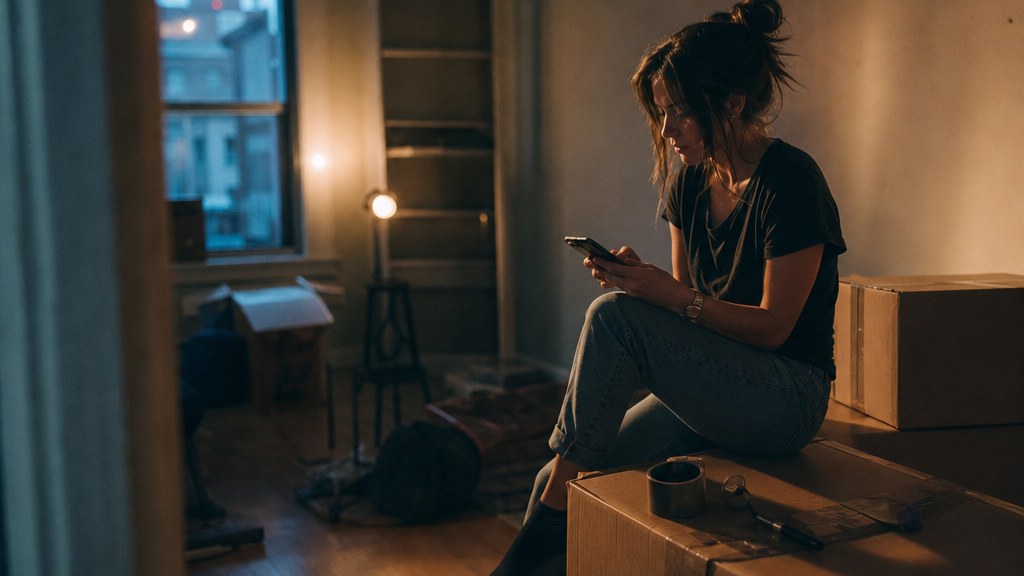 Woman sitting on taped moving boxes in a half-emptied apartment typing a question into her phone at dusk