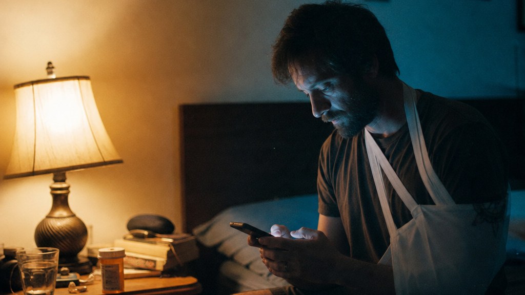 Man with his arm in a sling sitting on the edge of a bed at night, his face lit by a phone screen