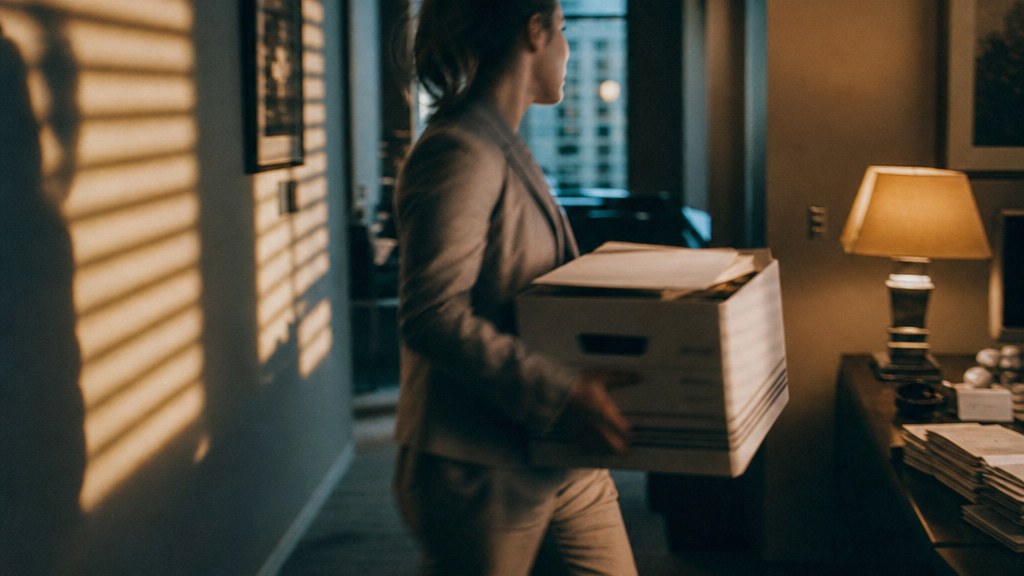 Paralegal carrying a bankers box down an office corridor with blinds striping the low sun