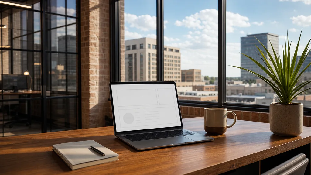 Editorial photograph of an empty modern B2B agency workspace in a Fort Worth Texas office with a laptop showing a blank dashboard, a notebook and a ceramic mug on a walnut desk, warm brick walls and black steel window frames, tall windows onto low downtown towers and wide Texas sky and a potted yucca, lit by bright clear morning light
