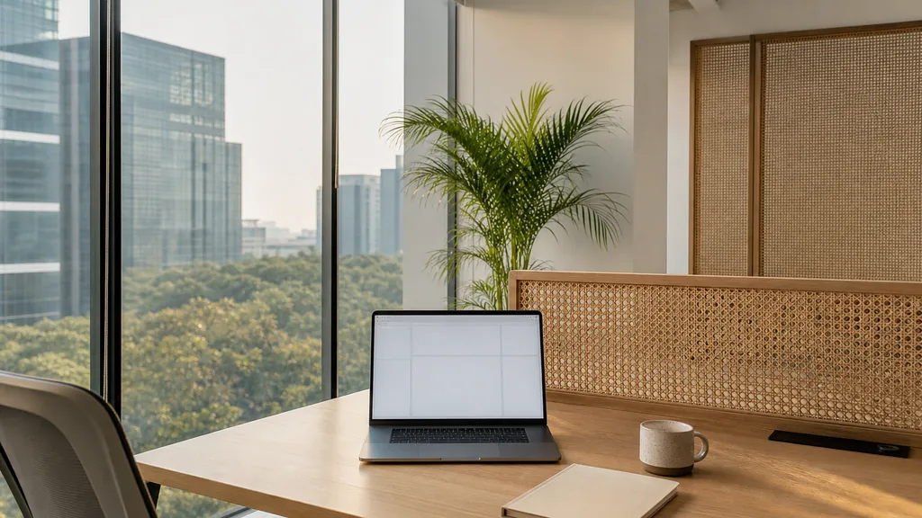 Editorial photograph of an empty modern B2B agency workspace in a Bengaluru tech-park office with a laptop showing a blank dashboard, a notebook and a stoneware cup on a light teak desk, white walls and woven cane screens, floor-to-ceiling windows onto glass towers and rain trees in soft haze and a potted areca palm, lit by bright warm morning light