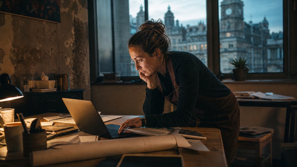 A small-business owner in an apron leaning over a laptop on a cluttered back-office desk late in the day, photographed in Liverpool