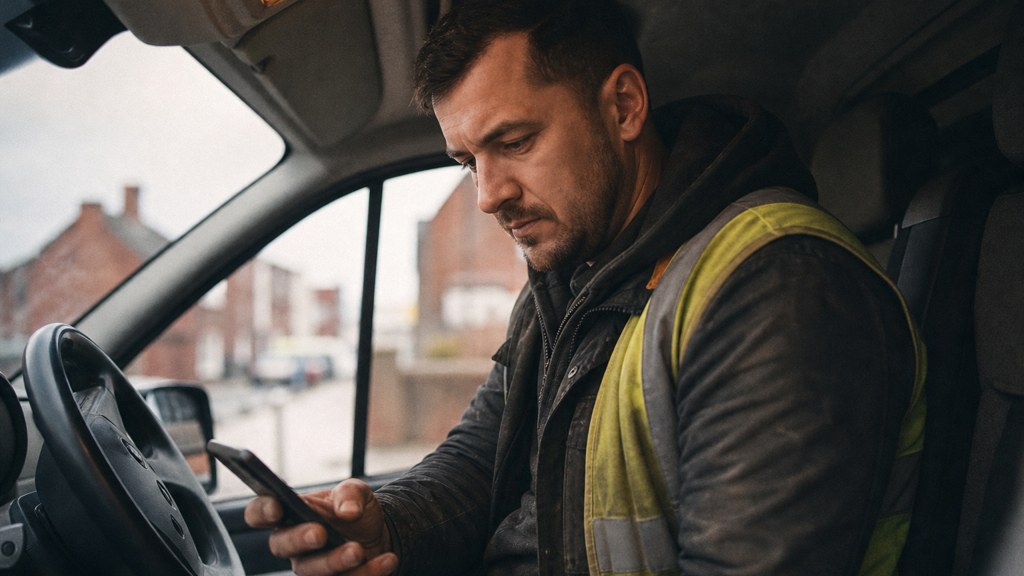 A contractor sitting in the cab of a work van reviewing a phone before driving off, photographed in Liverpool