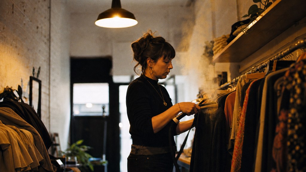A boutique owner steaming garments in a narrow shop stockroom at opening time, photographed in Liverpool
