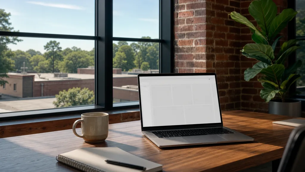 Editorial photograph of an empty modern B2B agency workspace in a Durham North Carolina office with a laptop showing a blank dashboard, a notebook and a ceramic mug on a walnut desk, exposed red brick tobacco-warehouse walls and black steel window frames, tall windows onto pine trees and low brick rooftops, and a potted fiddle leaf fig, lit by bright clear morning light