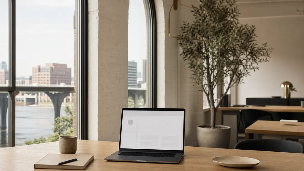 Editorial photograph of an empty modern B2B agency workspace in a Richmond Virginia office with a laptop showing a blank dashboard, a notebook and a stoneware cup on a light oak desk, white brick walls and warm brass fittings, tall arched windows onto a river bridge and mid-rise brick buildings, and a potted olive tree, lit by soft late-morning light