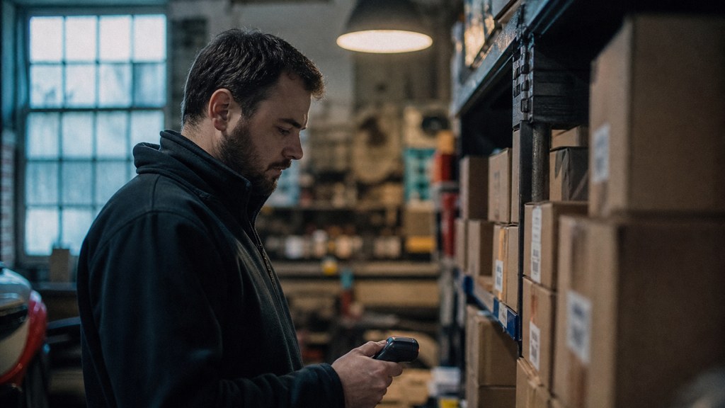 A seller checking barcodes on stacked cartons in a garage stockroom, photographed in Liverpool