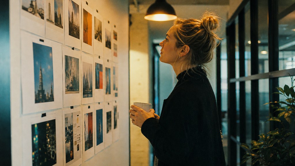 A media planner standing at a wall of printed layouts in a narrow agency corridor, photographed in Liverpool