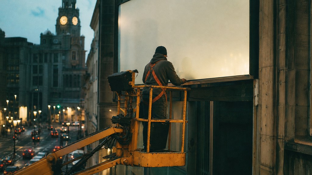 A crew member on a lift installing a blank billboard panel above a busy street, photographed in Liverpool