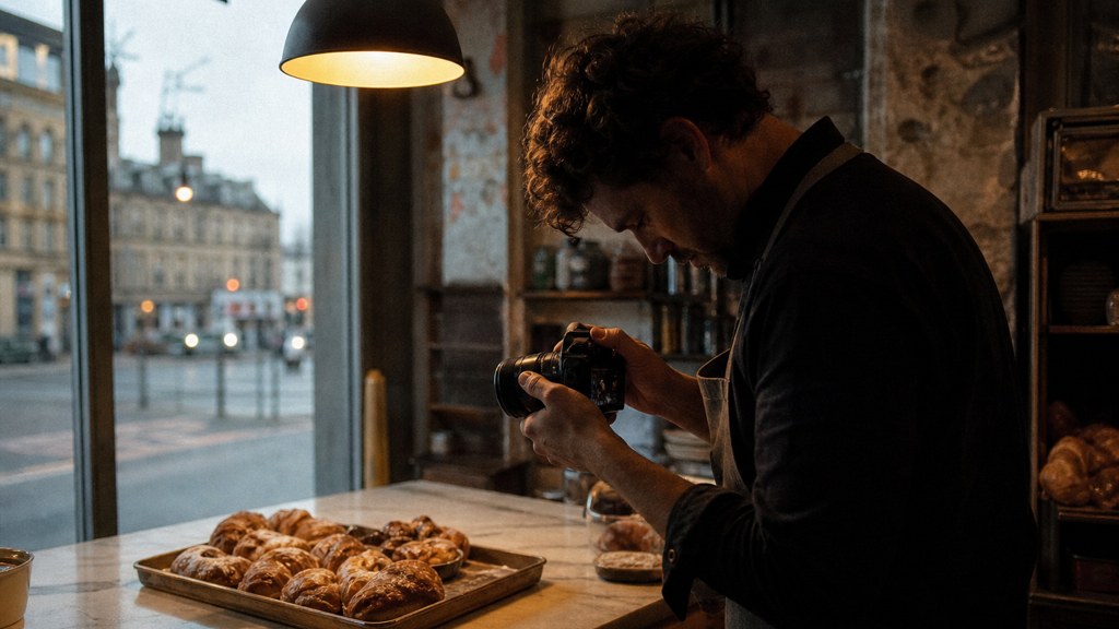 A bakery owner photographing a tray of pastries on a marble counter at dawn, photographed in Liverpool