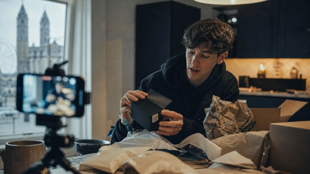 A customer filming an unboxing on a kitchen table strewn with packaging, photographed in Liverpool