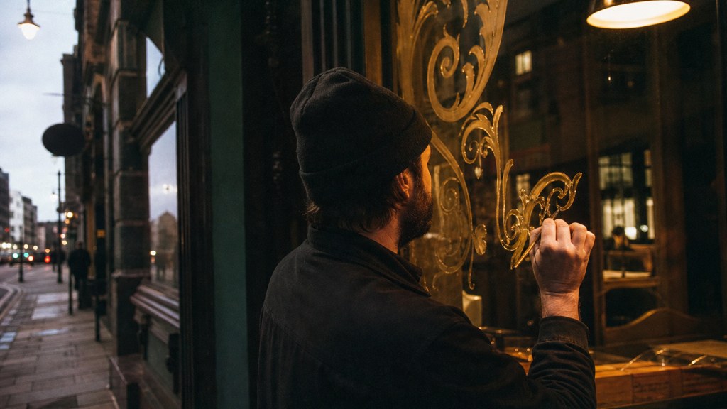 A sign painter finishing gold lettering on a shopfront window from the street side, photographed in Liverpool
