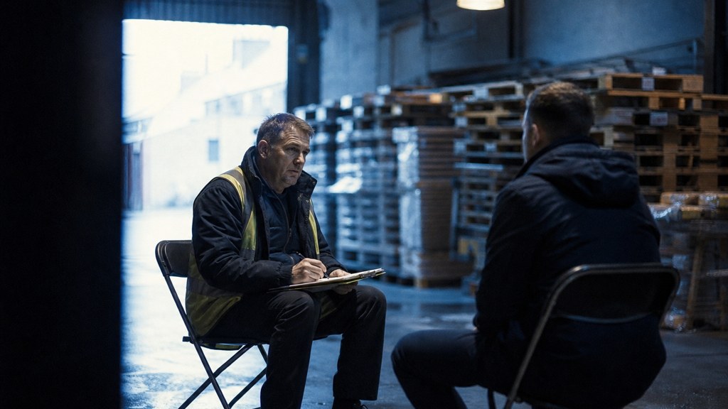 A warehouse supervisor interviewing a candidate on folding chairs beside stacked pallets, photographed in Liverpool