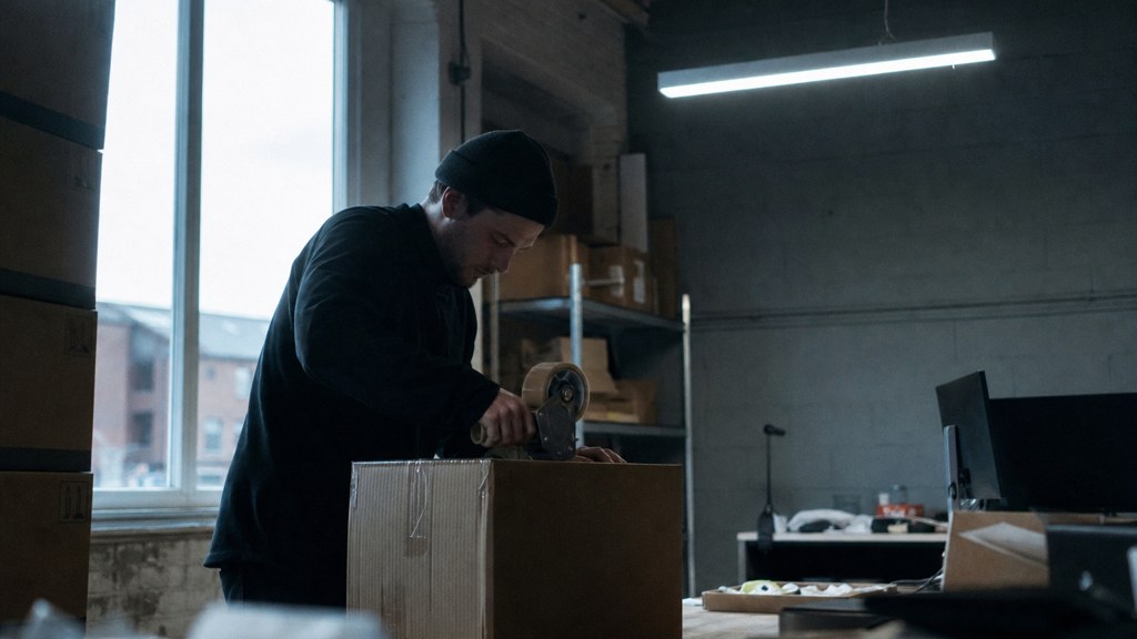 A warehouse worker taping shipping boxes under strip lighting in a small fulfilment room, photographed in Liverpool