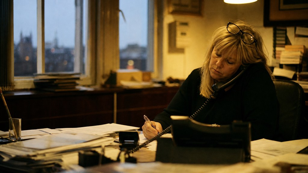 An office manager at a cluttered desk with a landline handset tucked under one ear, photographed in Liverpool