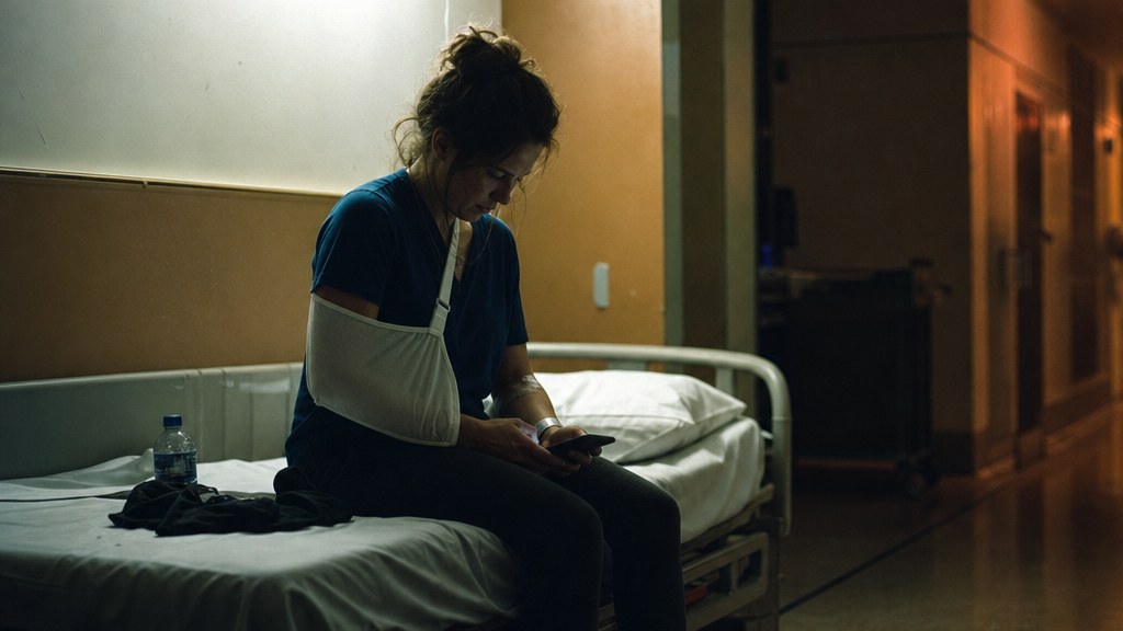 Woman with her arm in a sling sitting in a hospital corridor alcove at night typing a search into her phone