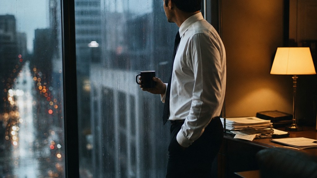 Attorney standing at a rain-streaked office window in the early morning holding a coffee mug
