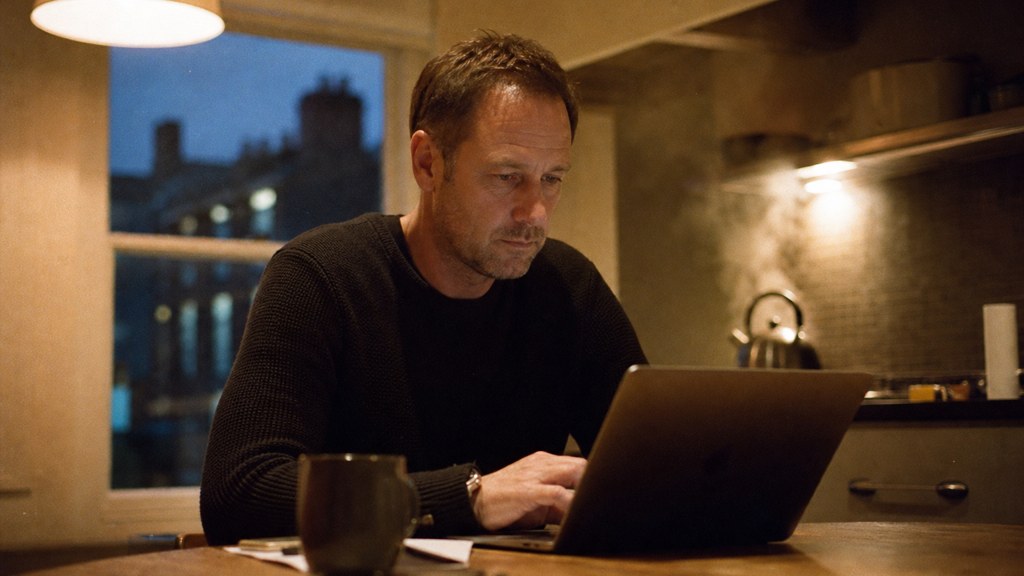 A service-business owner at a kitchen table typing a question into a laptop while a kettle steams behind, photographed in Liverpool