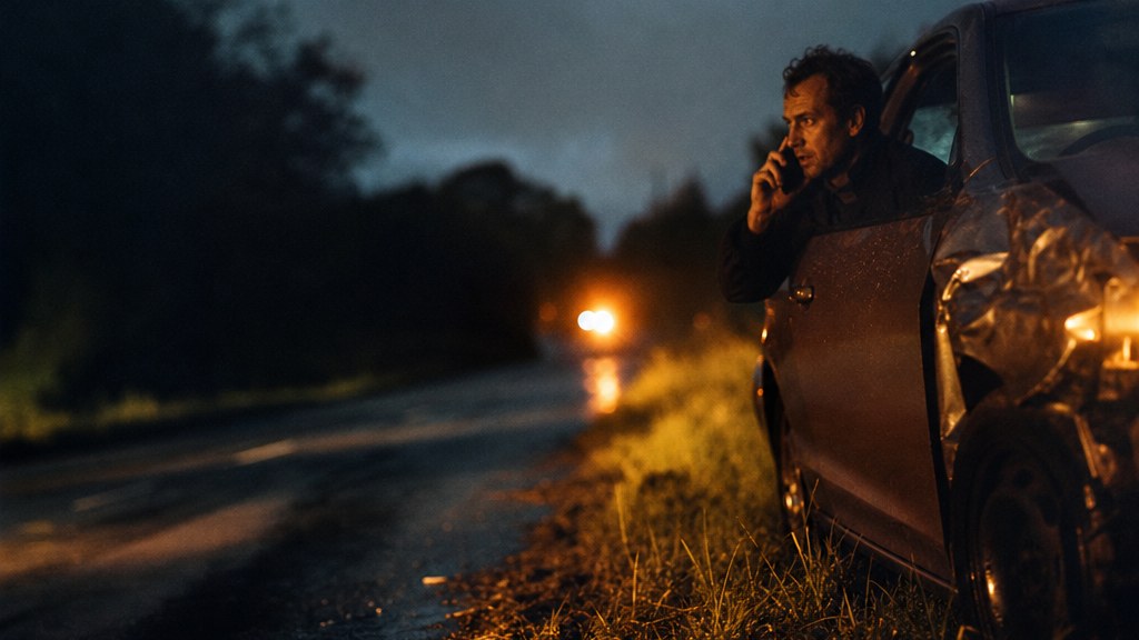 Man in a dented car on a roadside verge at dusk with hazard lights flashing on wet tarmac, holding a phone to his ear