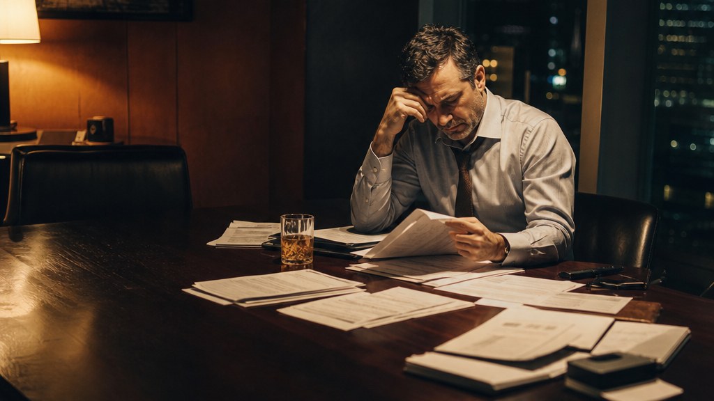 Law firm owner in shirtsleeves alone at a boardroom table at night with invoices spread out