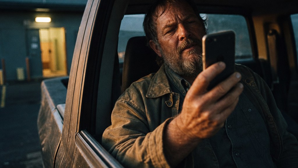 Man in his fifties sitting in a parked pickup truck outside a clinic squinting at a phone held at arm's length
