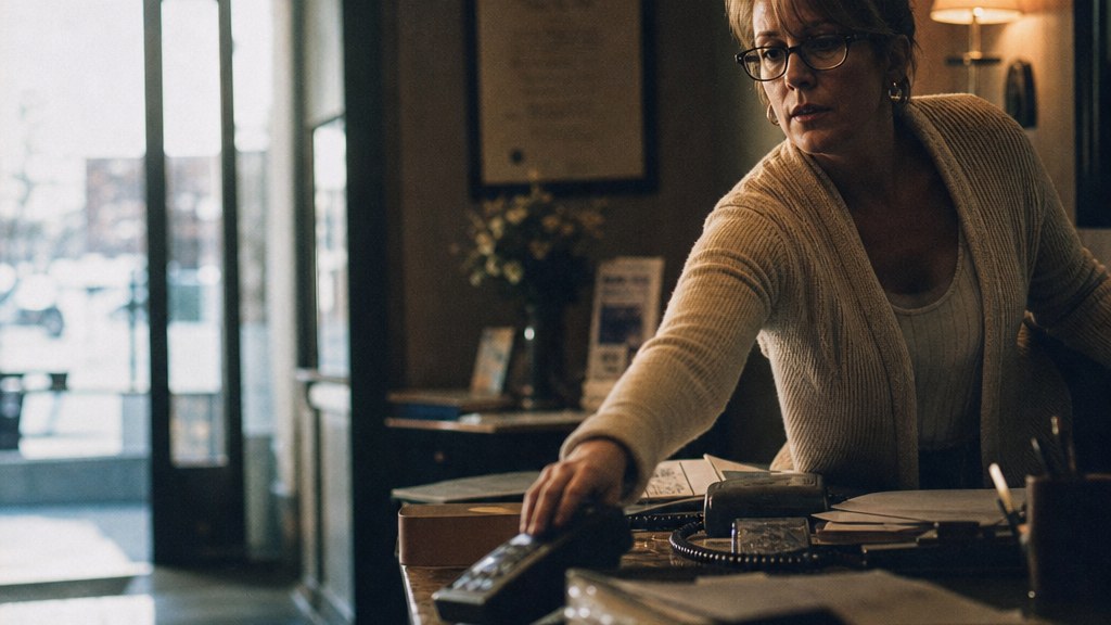 Receptionist reaching across a law office front desk to answer a ringing phone as afternoon light flares through the glass door
