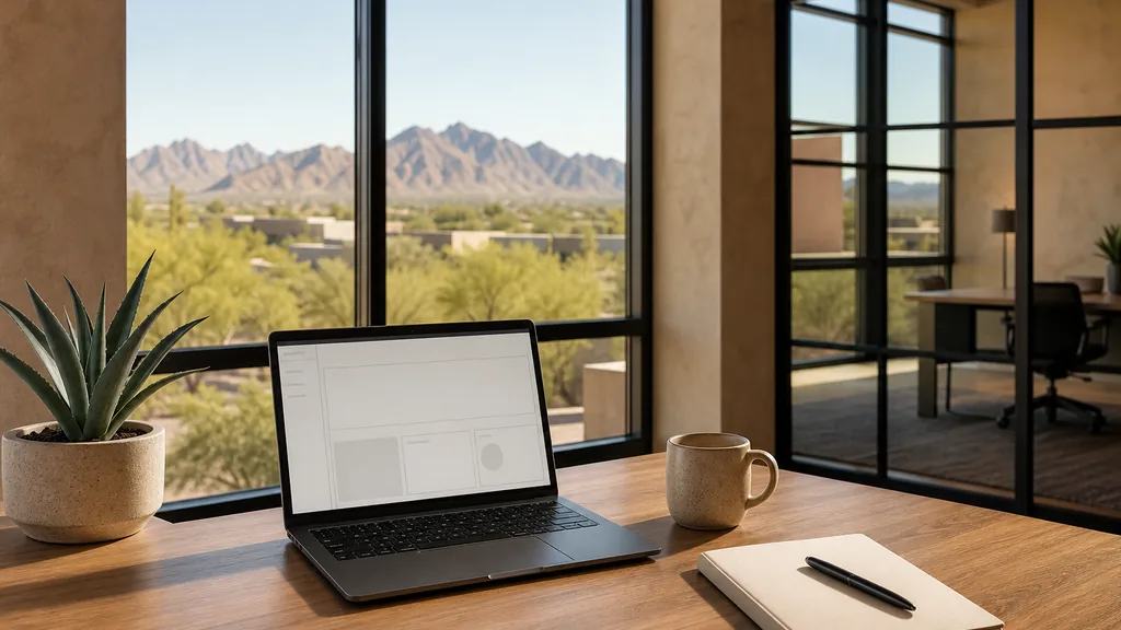 Editorial photograph of an empty modern B2B agency workspace in a Phoenix Arizona office with a laptop showing a blank dashboard, a notebook and a stoneware mug on a light walnut desk, warm plaster walls and black steel frames, tall windows onto palo verde trees, low desert rooftops and distant mountains, and a potted agave, lit by bright dry morning light