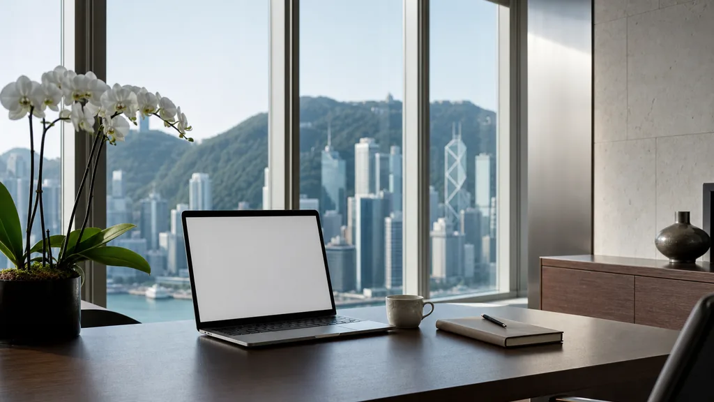 Editorial photograph of an empty modern B2B agency workspace in a Hong Kong high-rise office with a laptop showing a blank dashboard, a notebook and a porcelain cup on a dark walnut desk, pale stone walls and brushed steel details, floor-to-ceiling windows onto dense harbour-front towers and green peaks, and a potted orchid, lit by soft bright morning light