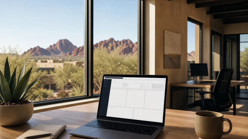 Editorial photograph of an empty modern B2B agency workspace in a Mesa Arizona office with a laptop showing a blank dashboard, a notebook and a stoneware mug on a light walnut desk, warm plaster walls and black steel frames, tall windows onto palo verde trees, low desert rooftops and red rock mountains, and a potted agave, lit by bright dry morning light