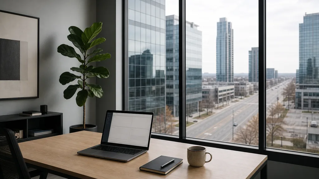 Editorial photograph of an empty modern B2B agency workspace in a Mississauga Ontario office tower with a laptop showing a blank dashboard, a notebook and a ceramic mug on a pale oak desk, soft grey walls and black steel window frames, tall windows onto glass office towers, a wide suburban boulevard and bare maple trees, and a potted fiddle leaf fig, lit by cool bright morning light