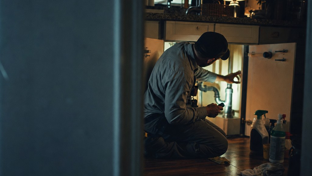 Pest control technician kneeling under a kitchen sink with a torch, shot from the doorway