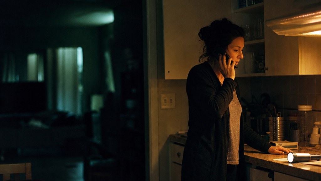 Homeowner making a phone call at a kitchen counter at night with a torch lying beside her