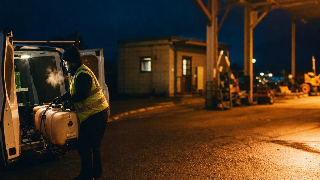 Technician loading a sprayer into a van under a floodlit depot canopy before dawn