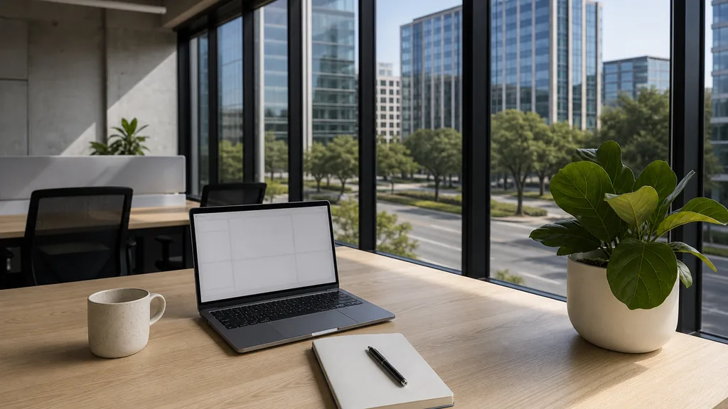 Editorial photograph of an empty modern B2B agency workspace in an Arlington Texas low-rise office with a laptop showing a blank dashboard, a notebook and a ceramic mug on a pale oak desk, soft grey walls and black steel window frames, tall windows onto a wide sunlit boulevard and live oak trees, and a potted fiddle leaf fig, lit by cool bright morning light