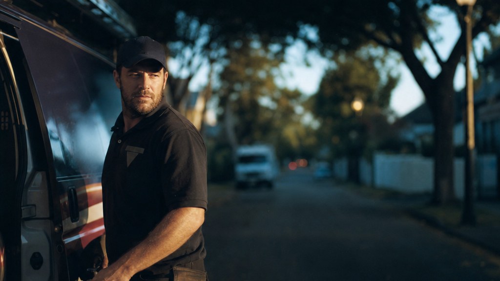 Technician in branded uniform standing beside a wrapped service van on a residential street