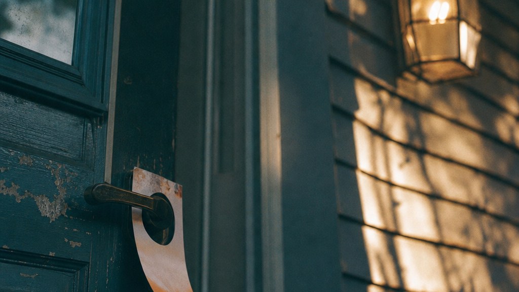 Door hanger left on a suburban front door handle in late afternoon light