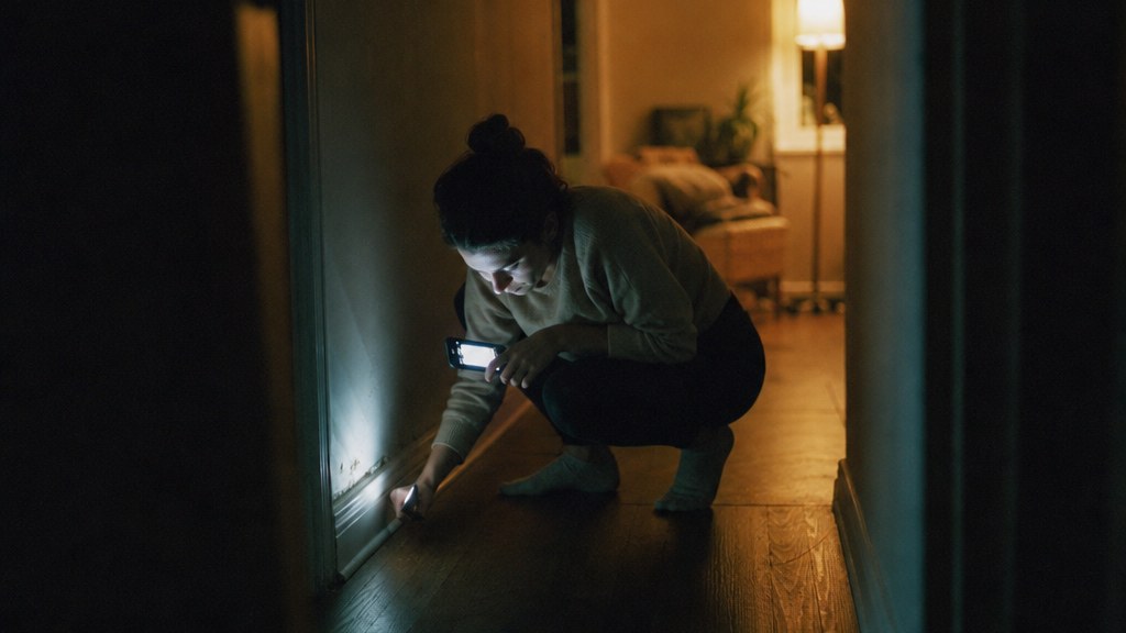 Homeowner photographing a mark on a skirting board with a phone late at night