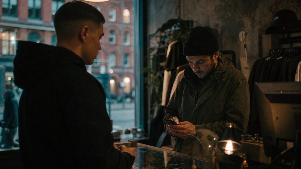 A shop manager standing behind the counter checking a phone while a customer waits at the till, photographed in Manchester