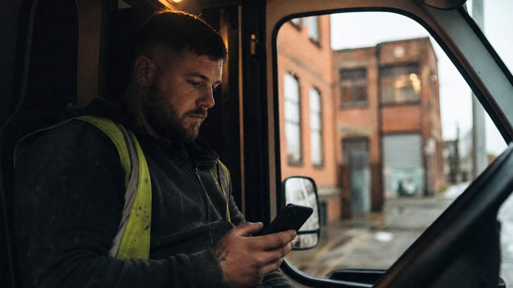 A contractor sitting in the cab of a work van reviewing a phone before driving off, photographed in Manchester