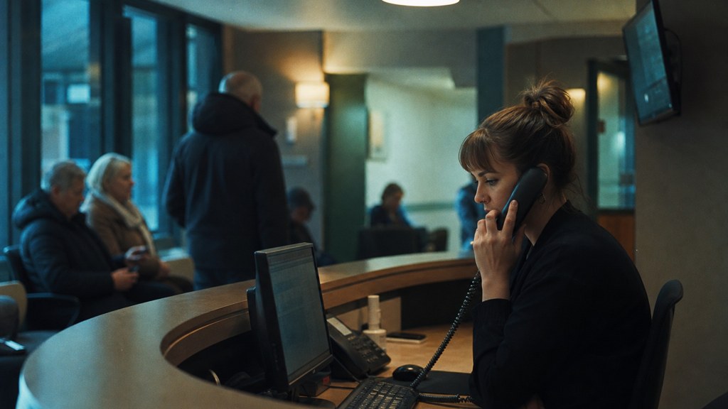 A clinic receptionist taking a phone call at a busy front desk with patients waiting, photographed in Manchester