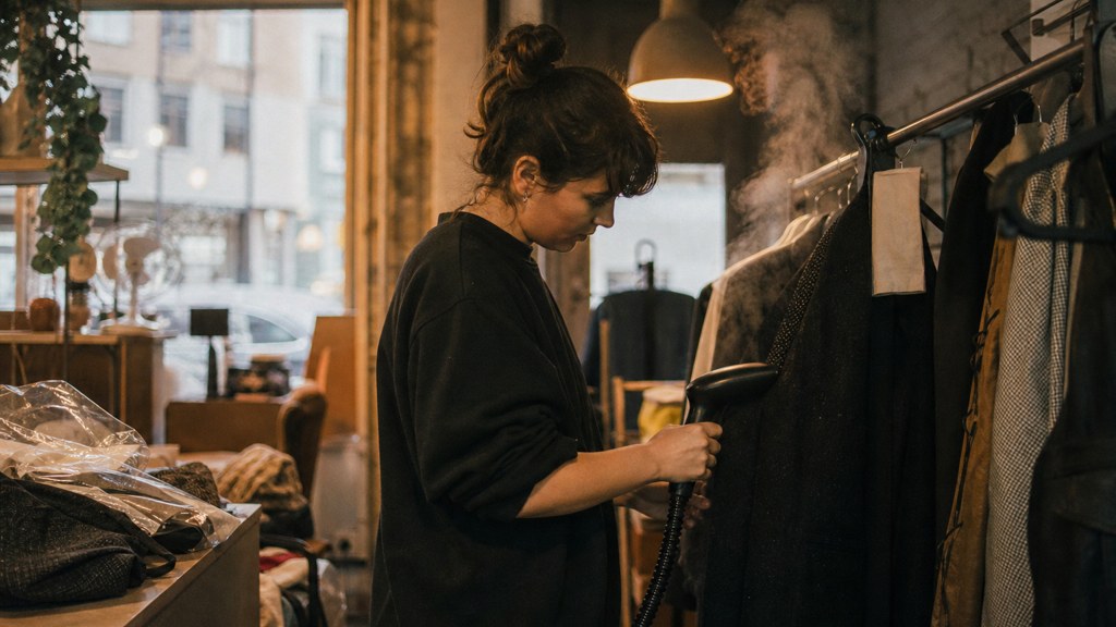 A boutique owner steaming garments in a narrow shop stockroom at opening time, photographed in Manchester