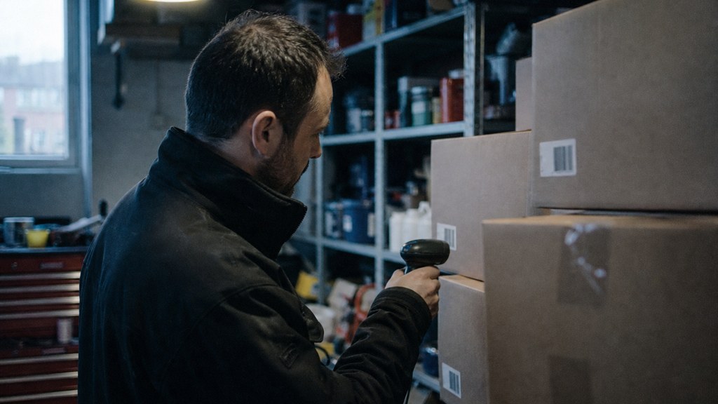 A seller checking barcodes on stacked cartons in a garage stockroom, photographed in Manchester